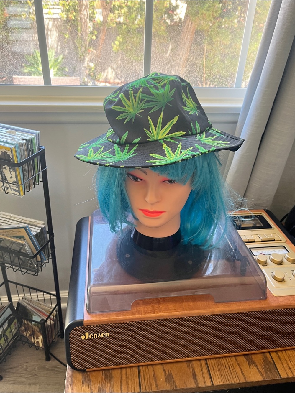 Black Bucket Hat with Bright Green Leaf Print